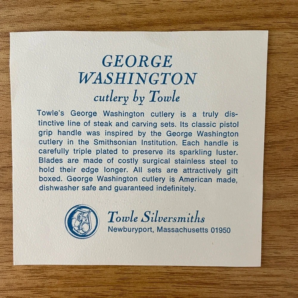 Towle George Washington Stainless Steel Steak Knife Set of 4 Pistol Grip Classic